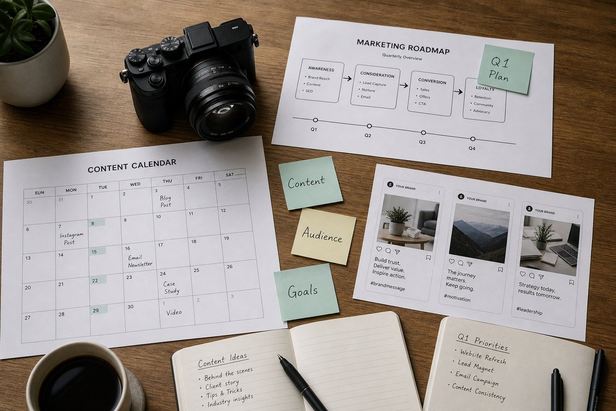 Camera and marketing plans on a desk